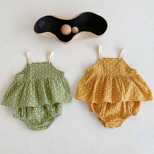 Summer New Toddler Baby Girl Clothes Set Infant Loose Floral Suspender Skirt Tops +kid Girls Cotton Breathable PP Pant 2pcs