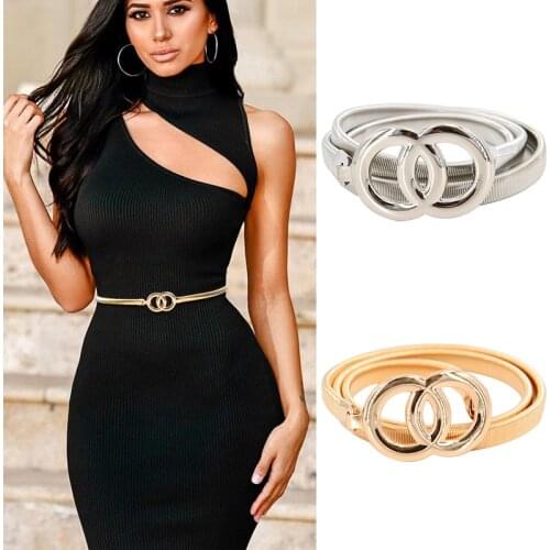 New Double Ring Belt Gold Silver Stretch Elastic Waist Belts for Women Metal Plate Female Lady Dress Waistband ceinture femme