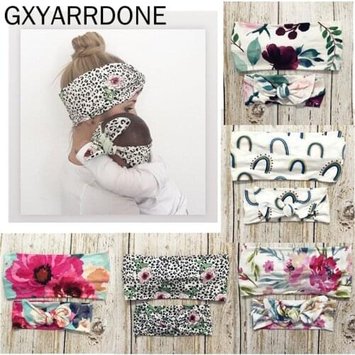 2020 New 2Pcs Baby Knot Bow Turban Headwrap Mom And Me Matching Headband Leopard Flower Print Elastic Hair Band Hair Accessories