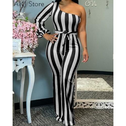 Sexy One Shoulder Long Sleeve Stripe Print Jumpsuits Women Casual Knitted Fabric Flare Romper With Belt