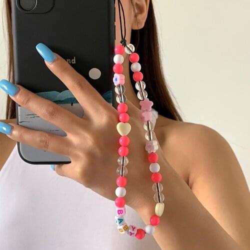 SHIXIN New Fashion Pink Star Flowers Letters Beaded Mobile Phone Strap for Women Fashion Korean Cute BABY Letter Lanyard 2021