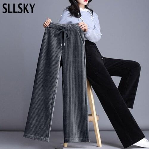 SLLSKY Spring Corduroy Women Wide-Leg Pants Elastic Waist Loose Pants New Casual Solid Color Adjustable Sashes Female Trousers