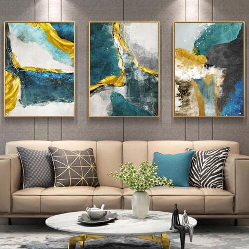 Modern Luxury Abstract Gold Navy Blue Wall Art Poster Prints Canvas Painting Contemporary Picture Home Living Room Decor
