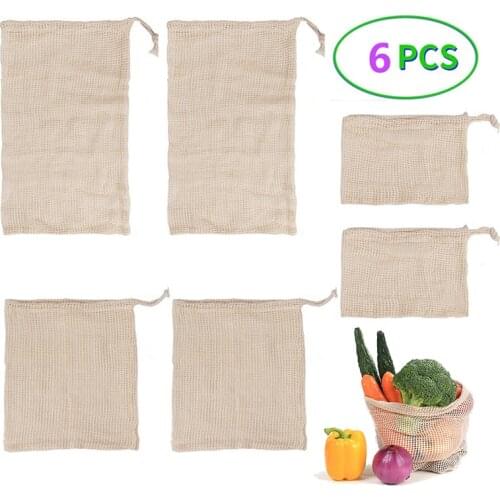 6 Pcs Reusable Cotton Mesh Bag Kitchen Fruit Vegetable Storage Bag Washable Storage Bag Produce Mesh Bag Shopping Bag