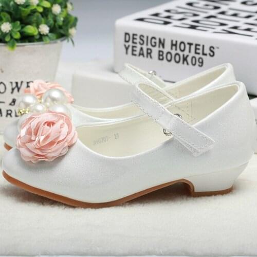 Pink White Girl PU Leather Shoes For Girls Party Big Pearl Flower Dance Children Shoes 2-14Years Princess Child Wedding Shoes