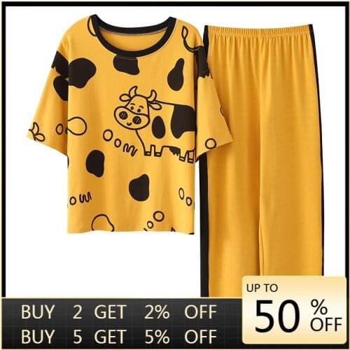 Spring Loungewear Women Crew Neck Pjs Women Homesuit Homeclothes Fashion Style Cartoon Printing Short Sleeve Long Pants Pj Set