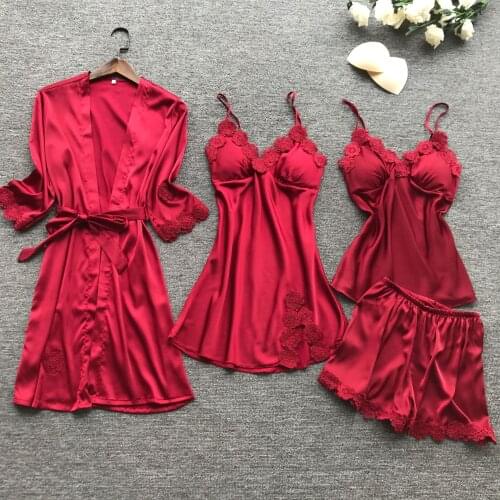 Spring New 4 Pcs Women Satin Pyjamas With Chest Pad Sexy Nightdress Belt Cardigan Pajama Set