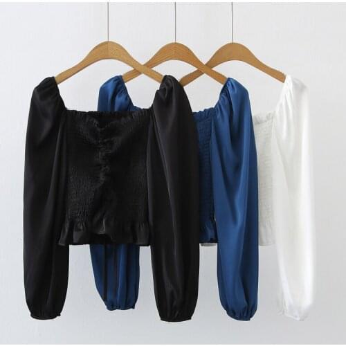 Summer Autumn 2021 Long Sleeve White Blouse Women Versatile Glossy Square Collar Shirt French Tops with Tie Design Shirt 15485