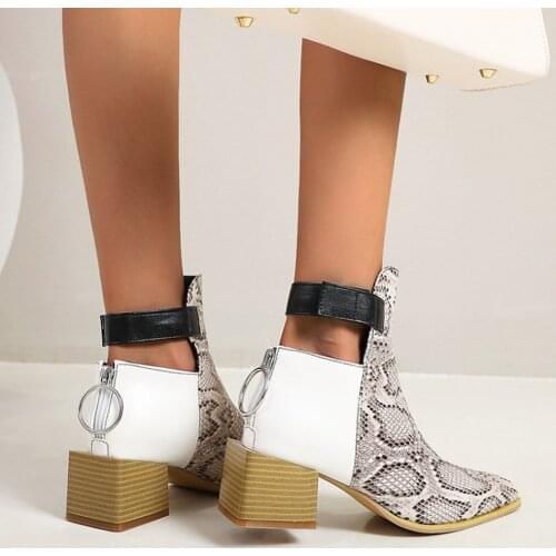 US4-12 Womens Round Toe Snake Pattern Ankle Boots Square Heel Match Colors Shoes Cut Out 3Colors Warm Winter Plus Size 34-46