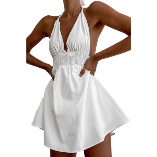 Womens Summer Sexy Dress Sleeveless V-Neck Lace-Up Dress with Breast Pad for Party Vacation Dating Holiday