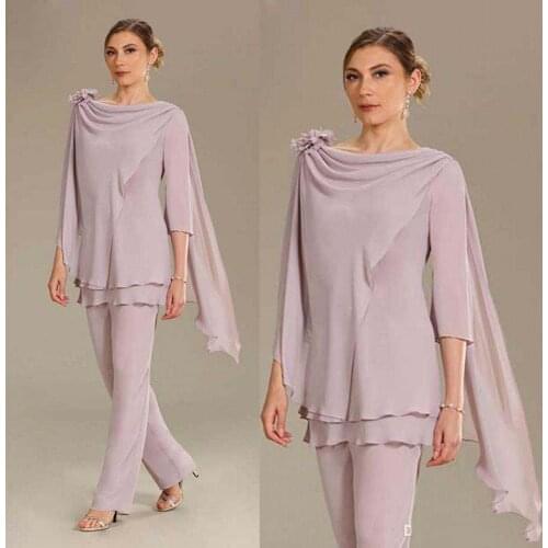 2021 New Mother Pant Suits Wedding Guest Dress with Wrap Chiffon 3/4 Long Sleeves Mother of the Bride Dresses Custom Made