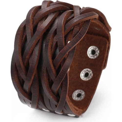 2021 Fashion Jewelry Vintage Hand Woven Leather Bracelet Charm Cuff Wide Leather Bracelet Mens Accessories Pulsera Hombre