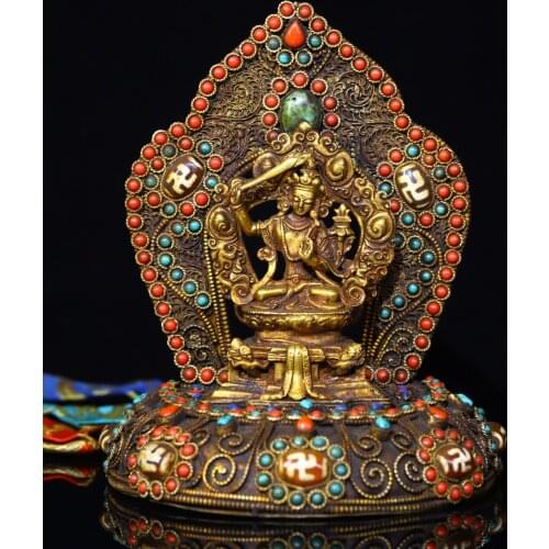 6" Tibet Buddhism Old Tibetan silver Gilt Filigree mosaic gem Manjushri Guanyin Bodhisattva Buddha Sitting on the lotus platform