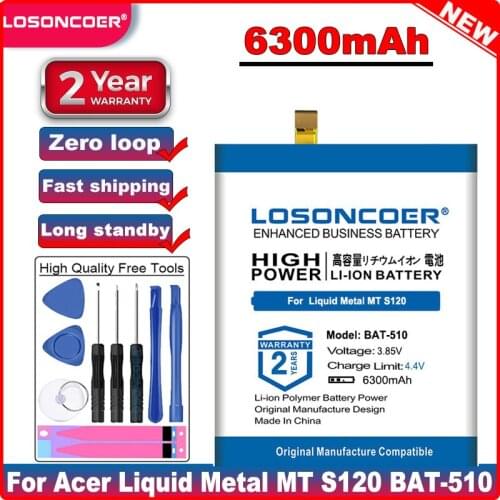 LOSONCOER BAT-510 Battery 6100mAh For Acer Liquid Metal MT S120 BAT-510 (1/CP6/65/85) SP516485SF-C BT.0010S.001 +Free tools