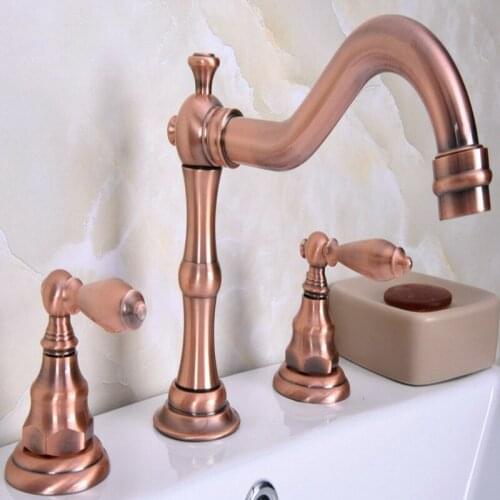 Deck Mounted 3 Holes Bath Tub Mixer Tap Vintage Retro Antique Red Copper Brass Widespread 2 Handles bathroom basin Faucet arg058
