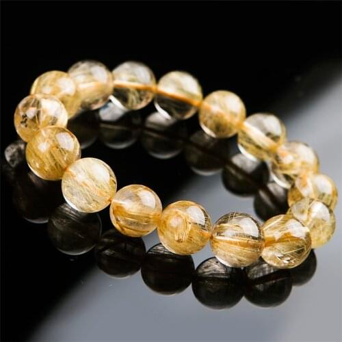14mm Natural Gold Rutilated Quartz Bracelets For Women Men Power Stretch Crystal Natural Rutilated Quartz Round Bead Bracelet