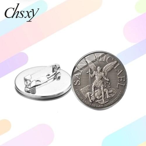 CHSXY Saint St. Michael Archangel Brooch Protect Me Saint Shield Protection Justice Retro Print Glass Round Pins Christian Gift