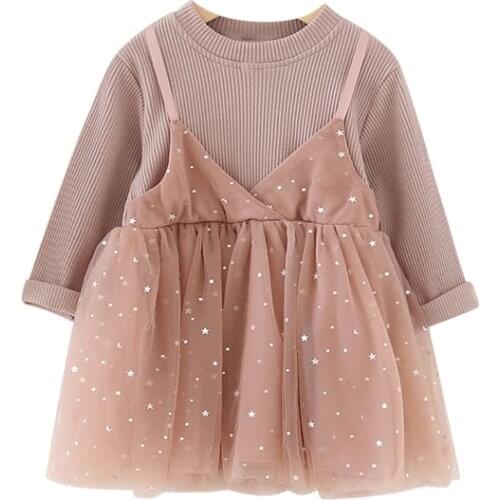 Kids Dresses For Girls 2020 Children Long Sleeve Clothing Autumn Solid Color Star sequins Girl Birthday Princess Party Dress