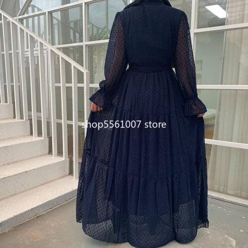 Long Dress abaya Muslim Women Summer Sheer Long Flared Sleeves Tie Neck Lined Dresses Islamic Dubai Turkey eid Clothes