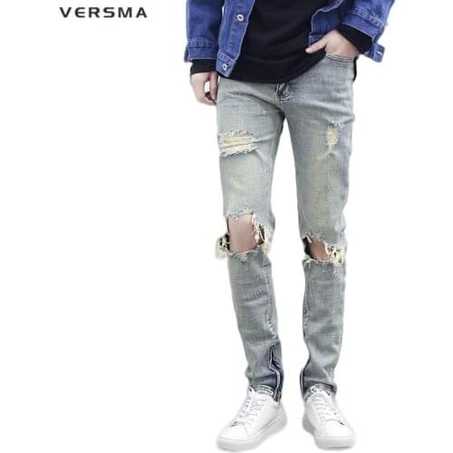 VERSMA Korean Style Ripped Holes Denim Jeans Men Women Hip Hop Streetwear Punk Ankle Zipper Denim Jeans Pants Men Dropshipping
