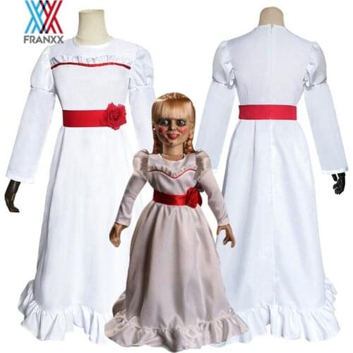 Movie Annabelle Cosplay Costume Ghost Doll White Women Long Princess Dress Skirt Hair Wig Girls Kids Uniforms Halloween Party