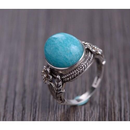 FNJ 925 Silver Rings Amazonite Size 6-8 Trendy S925 Solid Prue Silver Ring for Women Jewelry Vintage Flower Natural Stone