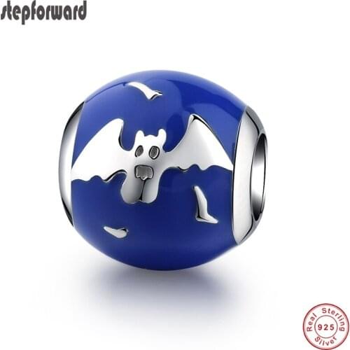 Good Quality Cool Hallowmas Series Jewelry Blue Enamel 925 Real Silver Hallowmas Bat Pattern Charm Fit Bracelet And Necklace