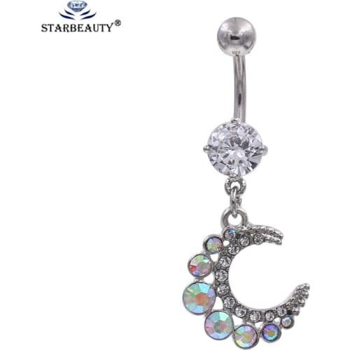 1Pc 14G Surgical Steel curved bar cute Full AB Color Zircon Moon long dangle belly button navel ring piercings body Jewelry