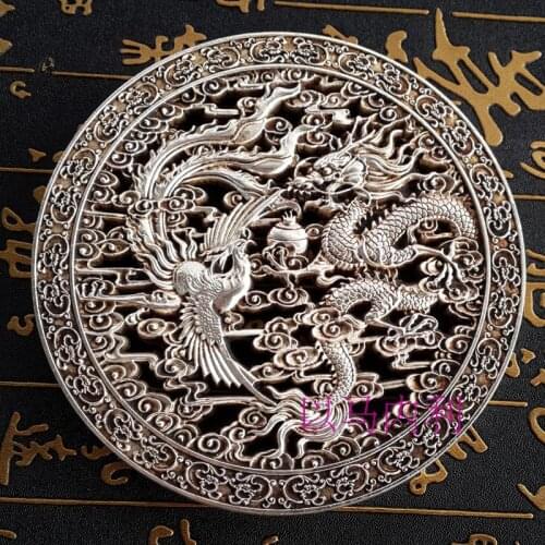 Exquisite Chinese Tibetan Silver Round Fengshui Dragon Phoenix Auspicious Statue Plate Home Decoration Metal Craft Gift
