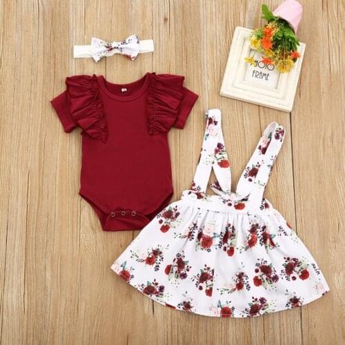 Toddler Girls Skirts Set Baby Ruffle Rompers Tops Jumpsuit Floral Skirt Button Strap Tutu Skirts Suspender Outfits