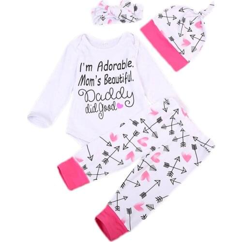 Babies 4Pcs Letters Arrows Clothing Set Newborn Baby Girls Long Sleeve Bodysuit Tops+Pants Hats headband Outfits Set Clothes