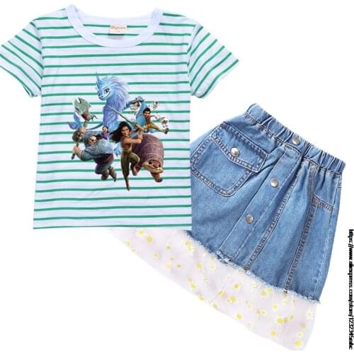 Raya and The Last Dragon Girls Clothes Sets Hot Summer stripe Short Sleeve Top+ Denim Print Skirt Childrens Clothing Suit