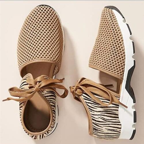 New Leopard Flat Women Sneakers Casual Summer Hollow Breathable Single Shoes lace-up Baotou Plus Size Sport Running Shoes