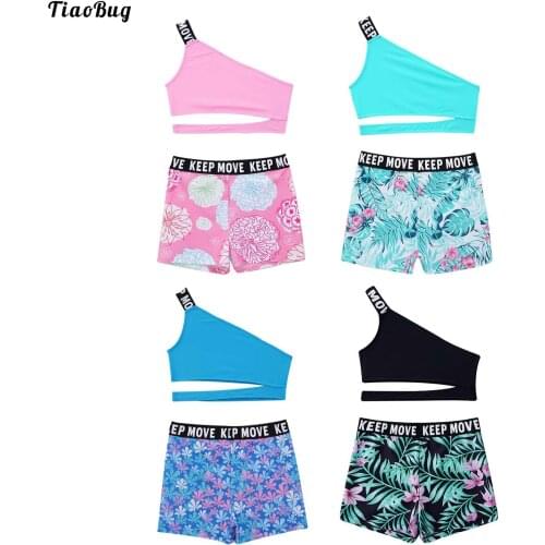 TiaoBug Summer Kids Girls 2Pcs Swimsuit Single Shoulder Sleeveless Crop Tops And Shorts Set Beach Pool Swimming Bathing Swimwear
