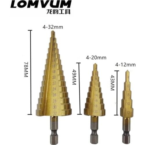 LOMVUM 3Pcs/set Metric Spiral Flute The Pagoda Shape Hole Cutter 4-12/20/32mm HSS Steel Cone Drill Bit Set HSS Steel Step Bit
