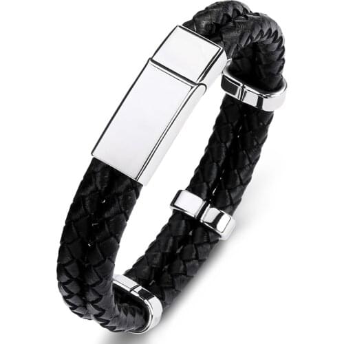 Multicolor Double Braided Leather Bracelet Men Simple Jewelry Stainless Steel Charm Bangles Trendy Wristband for Male Boys P107