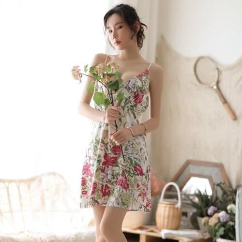 Floral Women Nightgown Printed Negligee Nighty Spaghetti Strap Nightdress V Neck Sexy Sleepwear Satin Nightwear Summer Lingerie