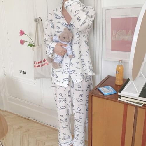 New spring autumn women cartoon rabbit pajamas set 100% cotton gauze long sleeve 2Pcs sleepwear casual wear home suit L475