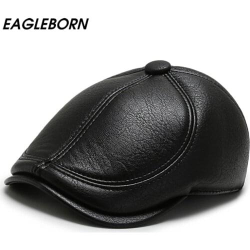 New Beret Winter Hat PU Berets Daddy Hats Men Winter Warm Hats Peak Caps Middle-aged Elderly Ear Caps Classic High Quality Hats