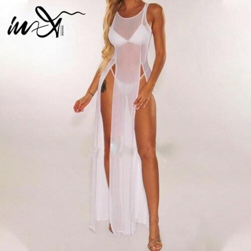 In-X Solid beach tunic 2021 Mesh swimwear female Sexy cover-up women beach sarong women monokini large size sport clothes summer