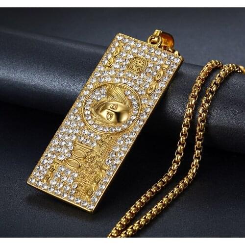 Stainless Steel/Gold Color US $100 Dollar Money Necklace & Pendant For Women/Men Hip Hop Iced Out Full Rhinestone Bling Jewelry
