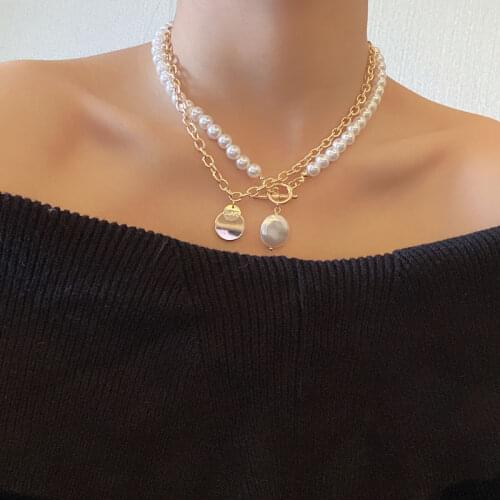 IOY IRENE Bohemia Multilayer Geometric Round Metal Baroque Imitation Pearl Pendant Necklace For Women New Fashion Jewelry N1494