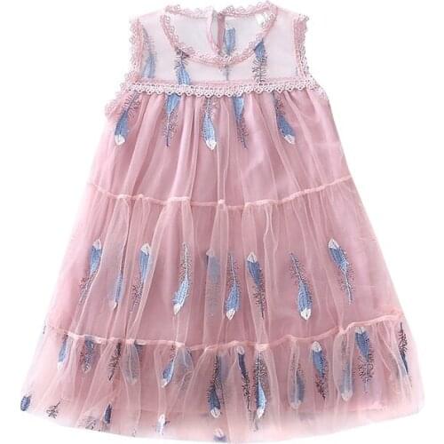 Baby Girls Dress, Cute Feather Embroidery Kids Toddler Summer Princess Party Birthday Dresses for Girls white pink 4-9T
