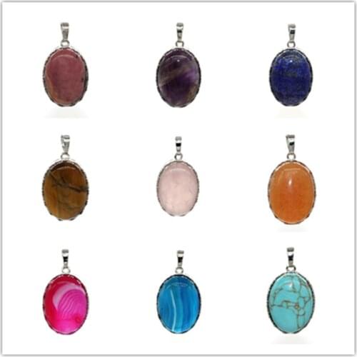 KFT Silver Plated Oval Shape Stone Pendant Amethysts Crystal Quartz Stone Pendant Lapis Lazuli Fashion Women Men Jewelry