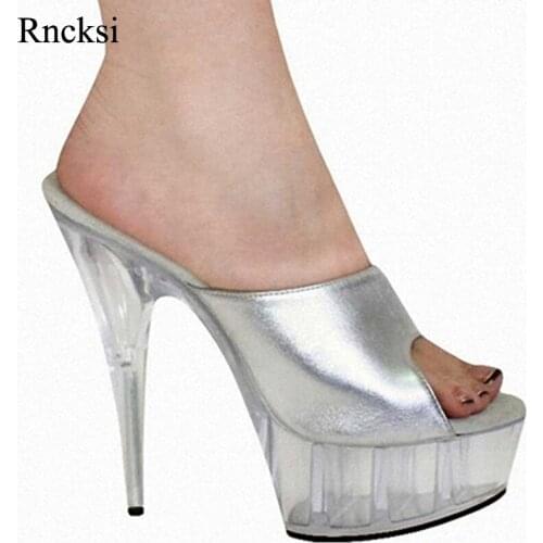 Rncksi Women Plus Size New Dance Sexy woman 15 cm high heel waterproof table cool flash crystal slippers model Women Slippers