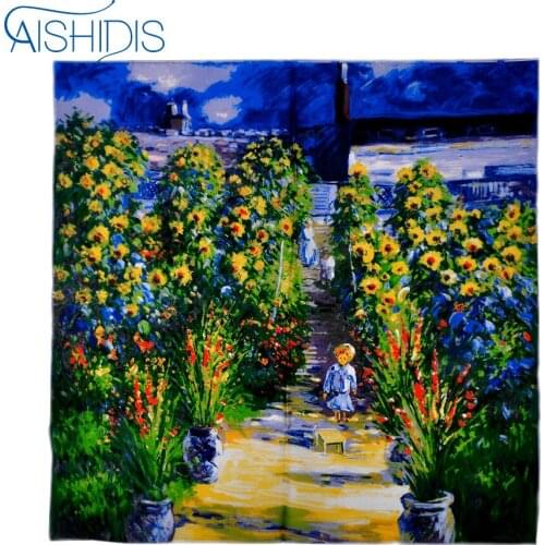 Women 100% Natural Silk Charmeuse Square Scarf New Brand Desigual Oil Painting Claude Monets The Artists Garden