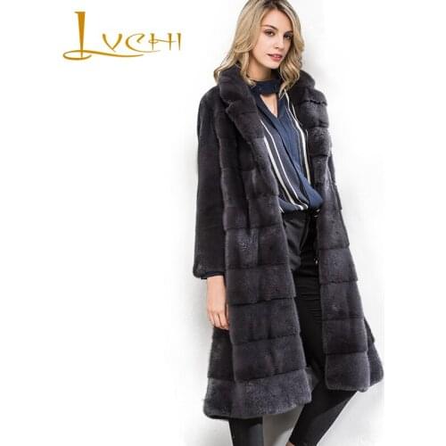 LVCHI Winter 2019 Import Swan Velvet Real Mink Fur Coat Pocket Milk Womens Natural Fur Turn Down Collar Causal Long Mink Coats