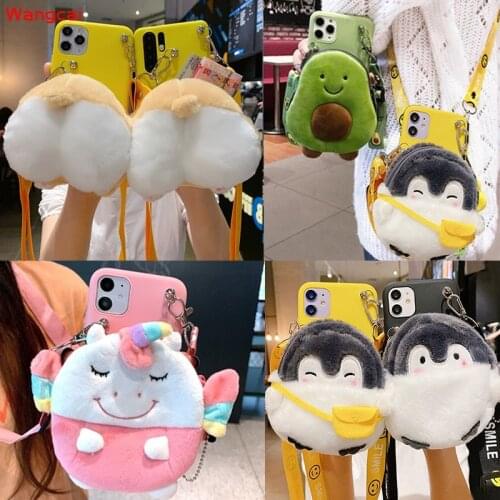 Cute Plush Fur unicorn Dinosaur Wallet Bag for Samsung Galaxy 10E S10 S9 S8 Plus S7 S6 Edge Case Avocado Coin Purse Rope Cover