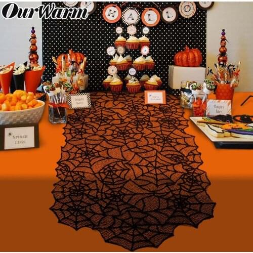 OurWarm 20x80 inch Halloween Spiderweb Table Runner Black Lace Polyester Tablecloth for Halloween Table Decoration