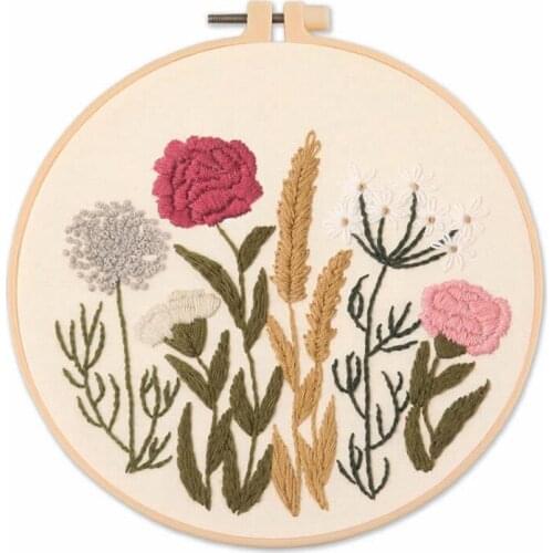 Easy Plant Flowers Embroidery Starter Kit for Beginners, Line Embroidery Kits, Embroidery Gift, Craft Kit, English Manual (D)